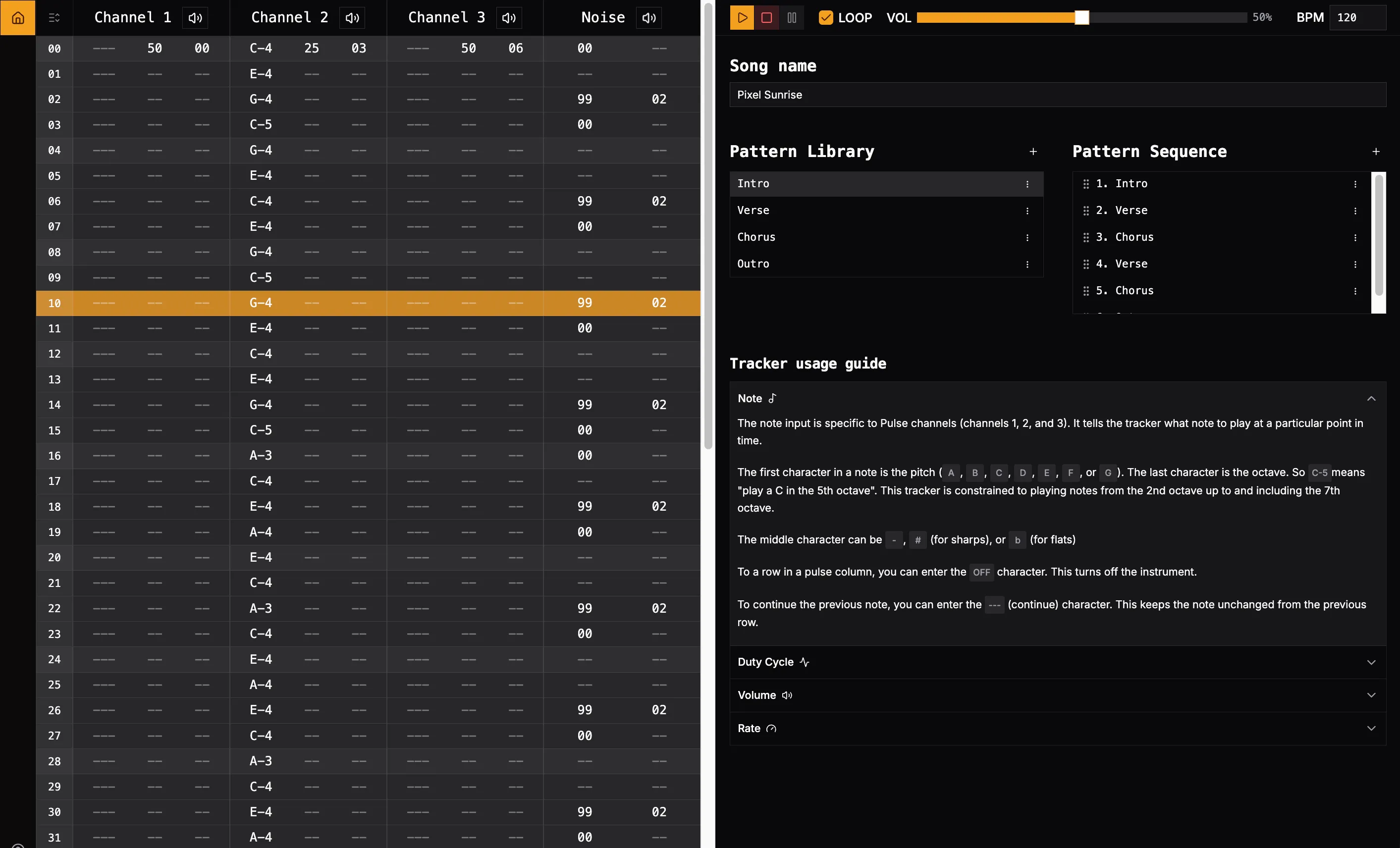 The Chiptunes editor playing the song "Pixel Sunrise": rows of notes across three pulse channels and a noise channel, beside its Intro, Verse, Chorus, and Outro patterns arranged into a sequence.