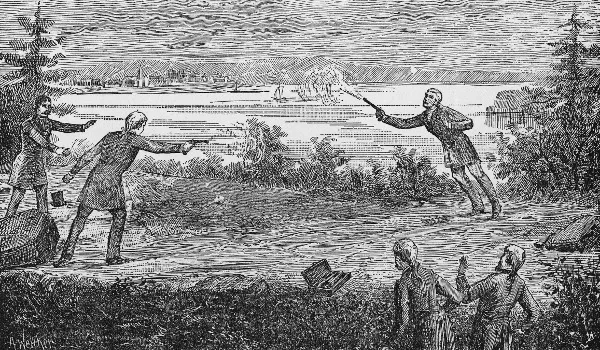 An old engraving of a pistol duel: two men fire at each other in a clearing on a riverbank while onlookers watch from the brush.